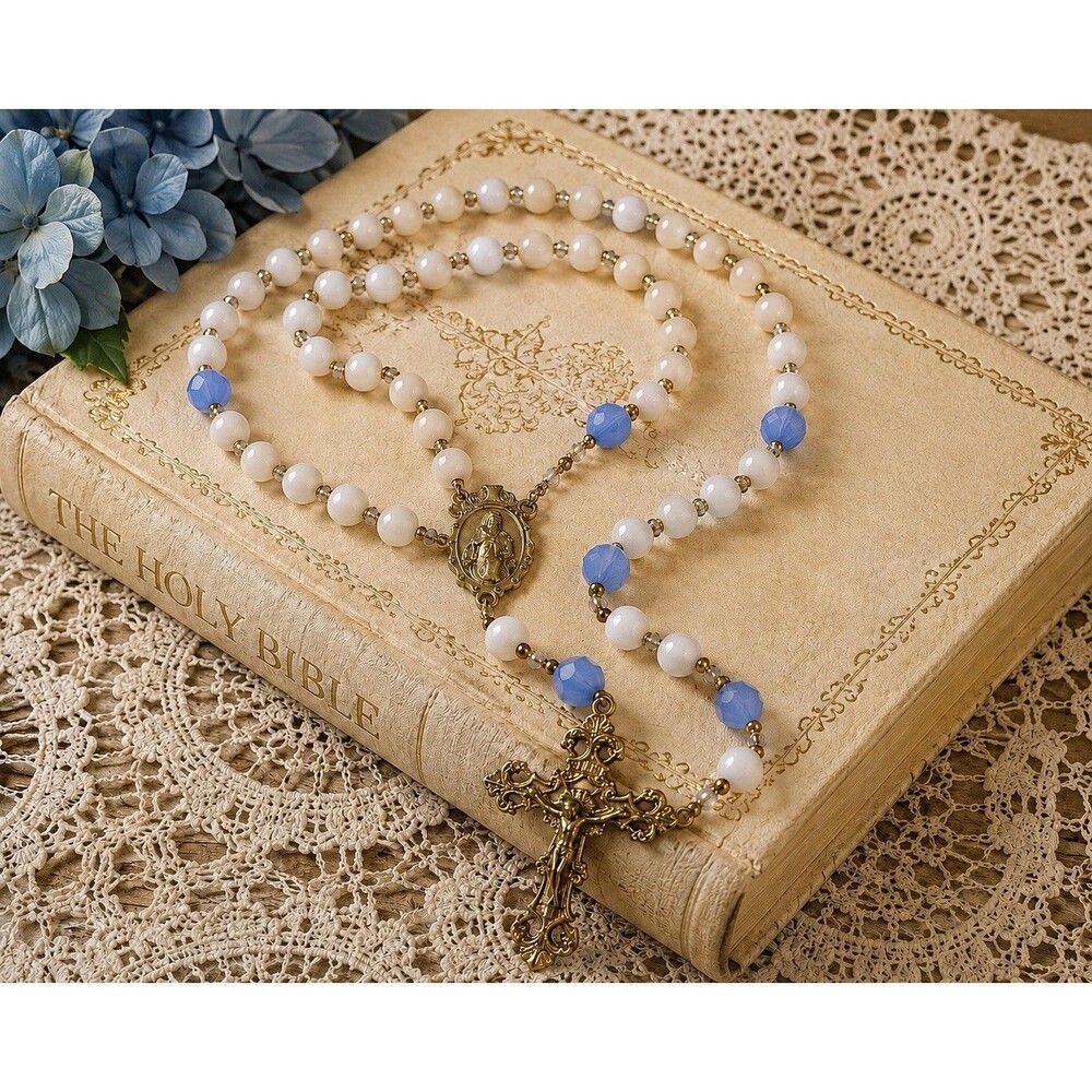 Vintage Catholic Rosary White Blue Beads Gold Tone Crucifix Religious Prayer